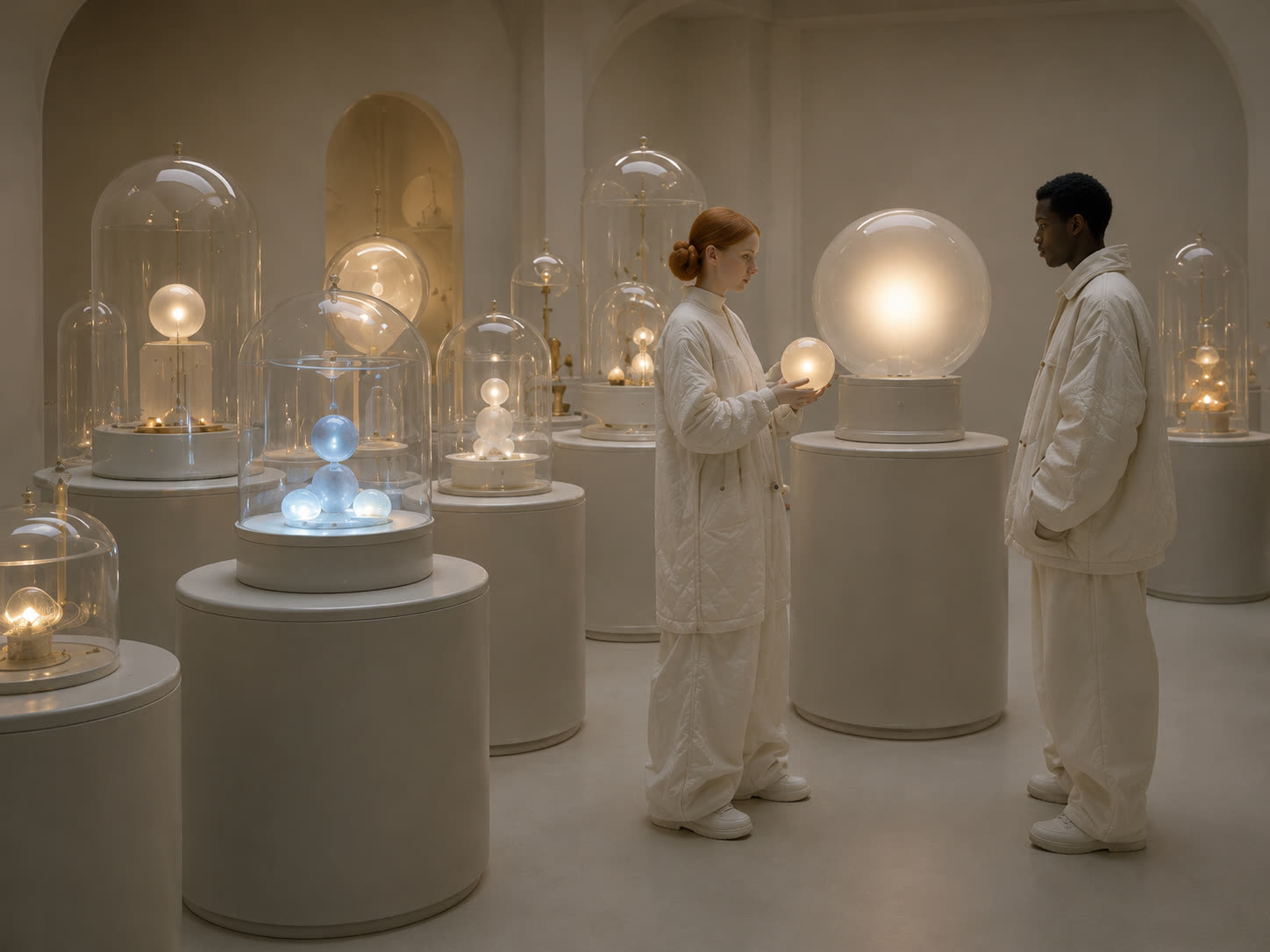 Glowing orbs under glass domes on pedestals