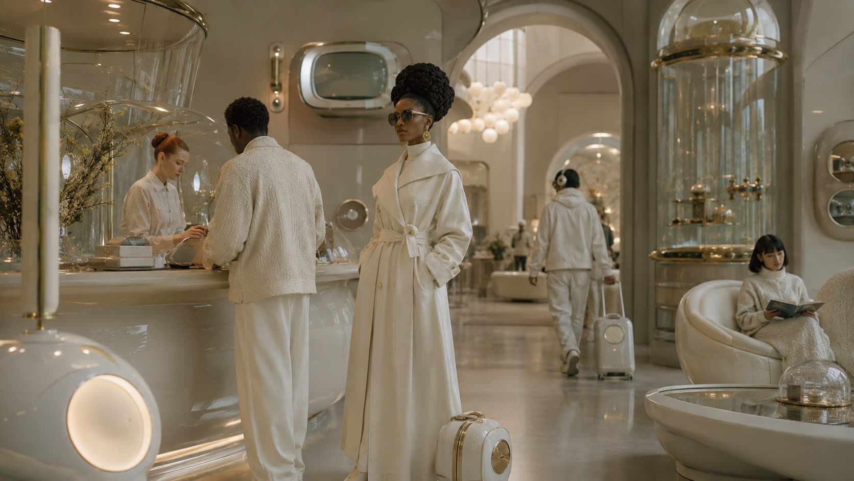 Elegant traveller checking in at the Institute reception