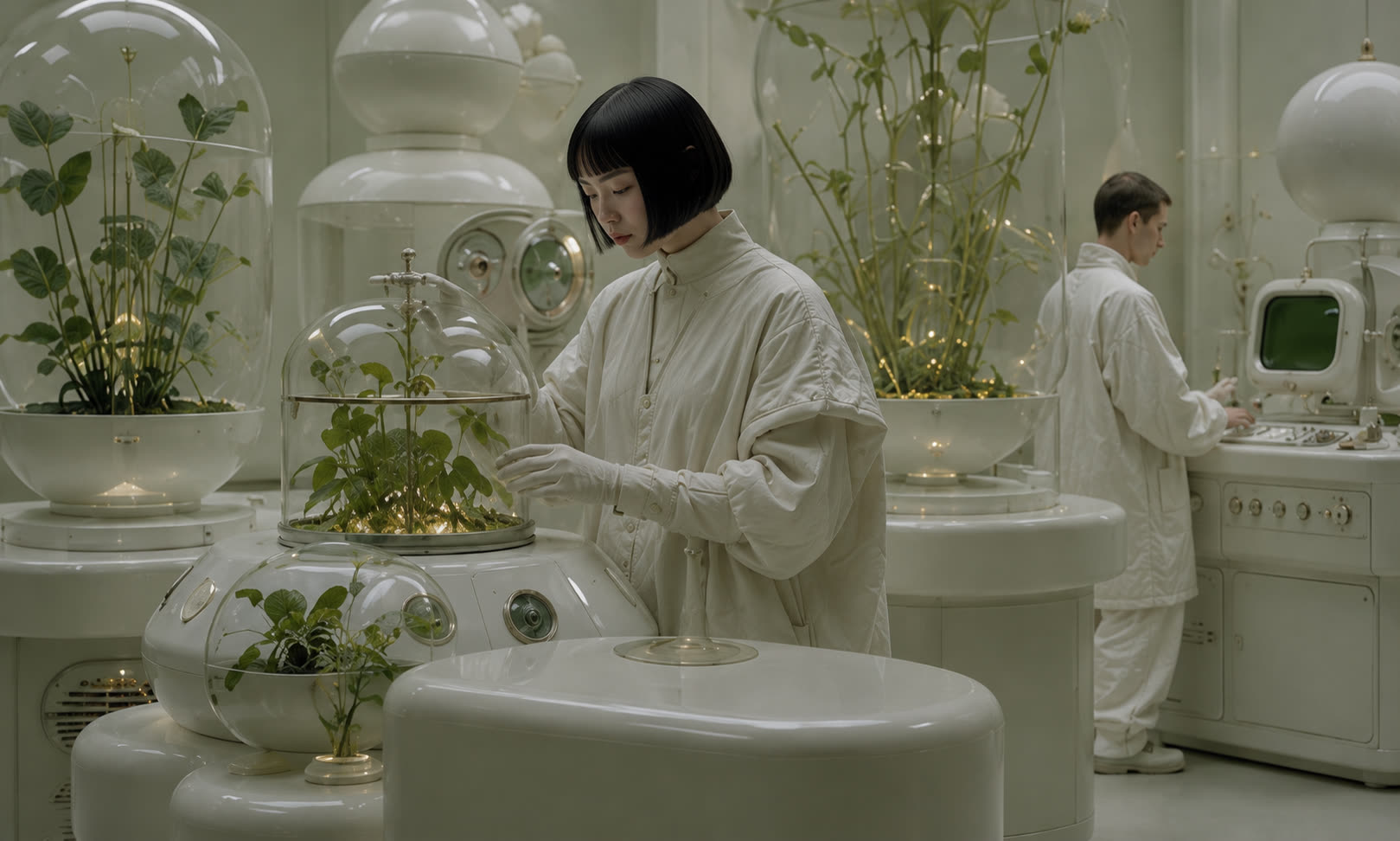 Technician tending plants under a glass dome