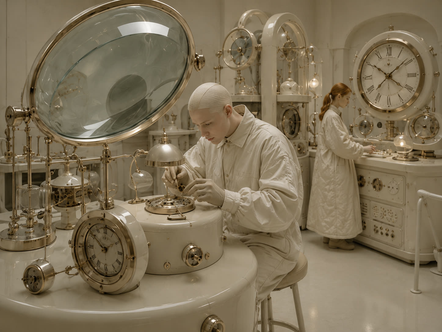 Horologist repairing clockwork under a giant lens