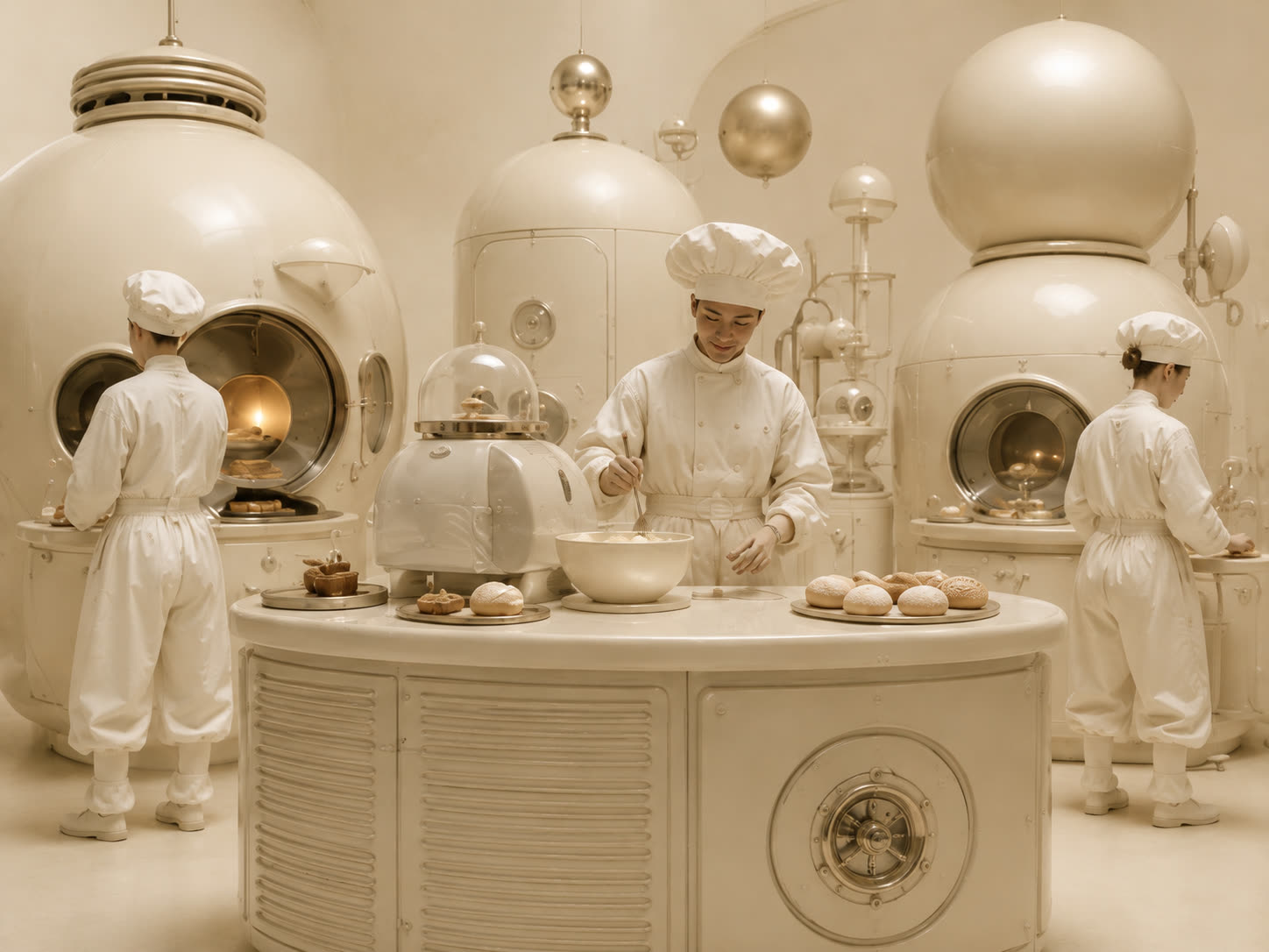 Bakers in white at porcelain ovens