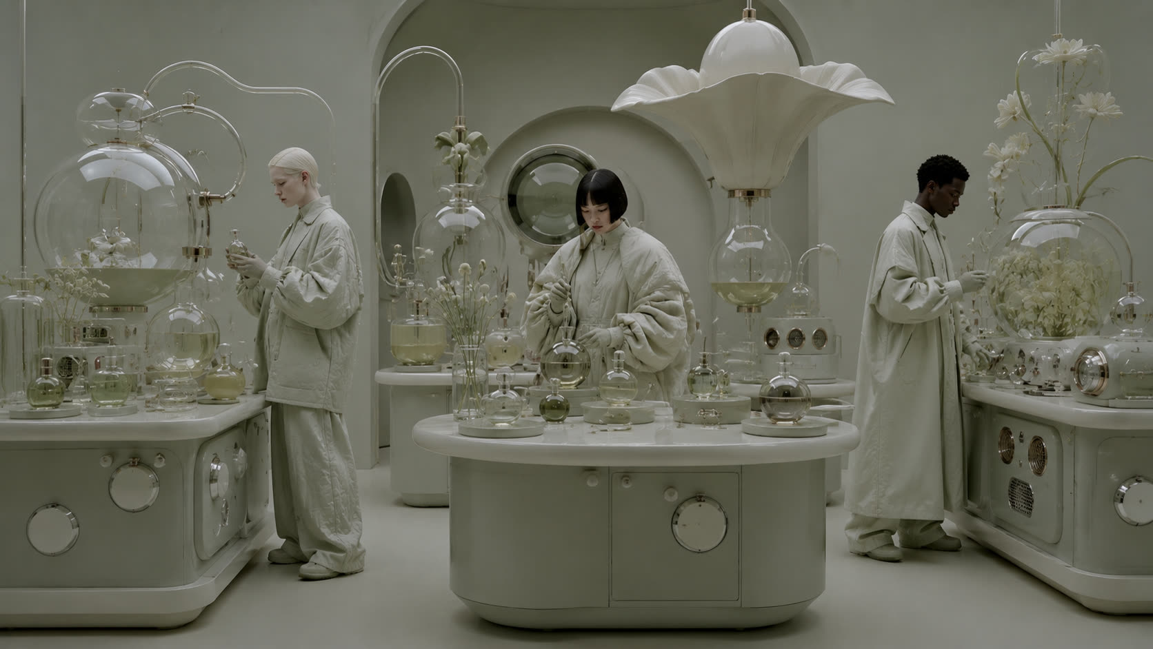 Technicians distilling essences among glass vessels