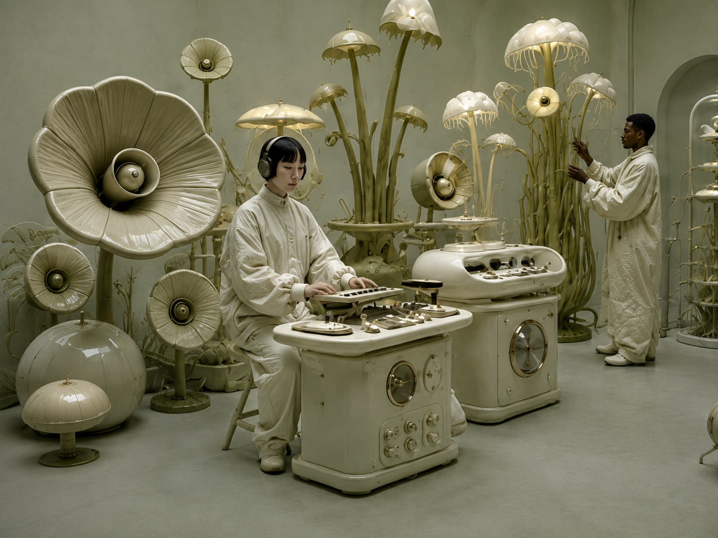 Gramophone flowers tended by a seated operator
