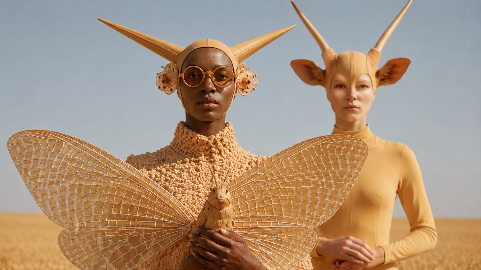 Two models in gold horned headdresses and a moth costume, standing in a wheat field