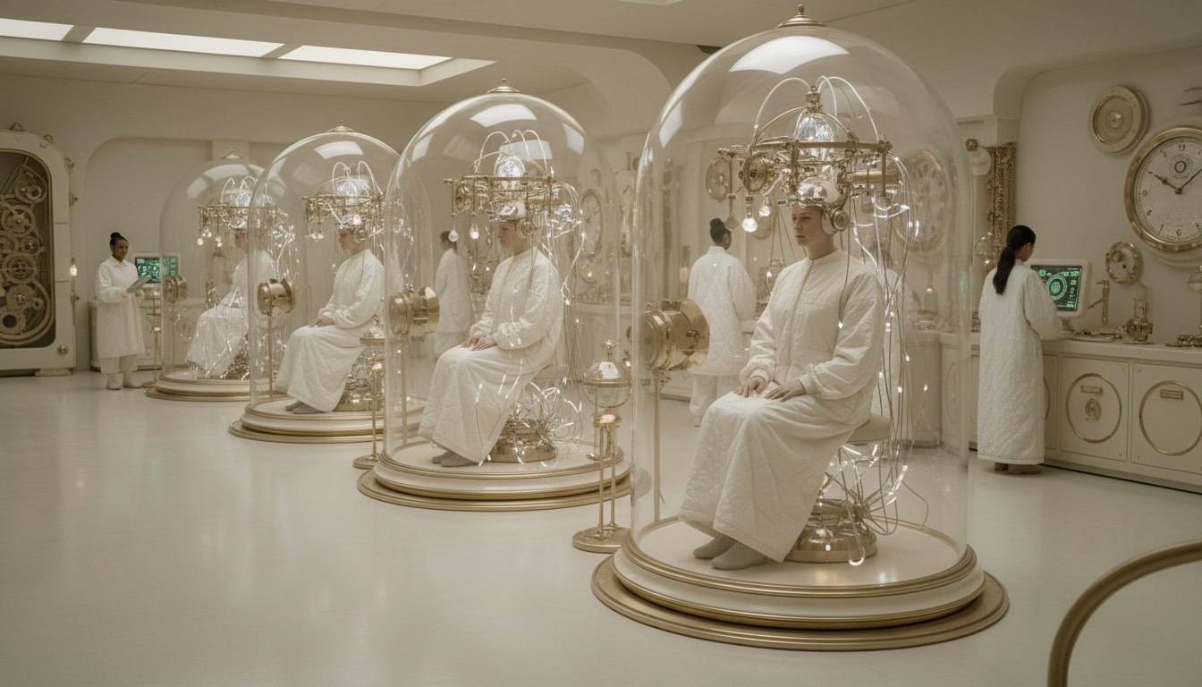 Figures seated beneath glass domes in a white clinical hall