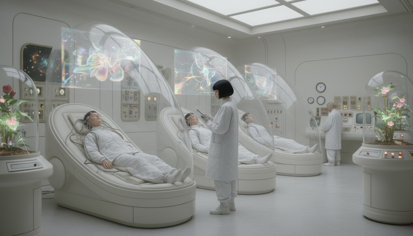 Patients reclined under holographic light in a clinical dream ward